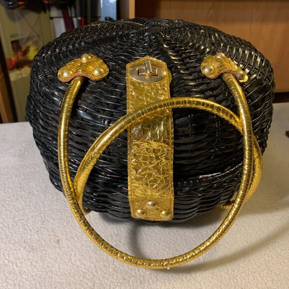 Vintage British Hong Kong Woven Wicker Basket Purse Handbag Black Gold - Picture 6 of 11